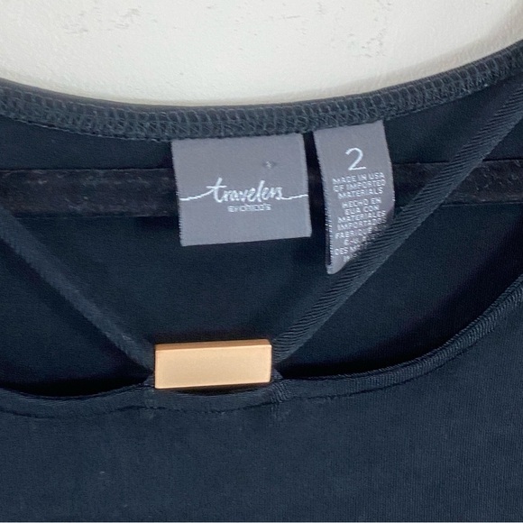 Chico’s Travelers Stretch Black Short Sleeve Top with Gold‎ Accent Sz Large - Picture 3 of 12